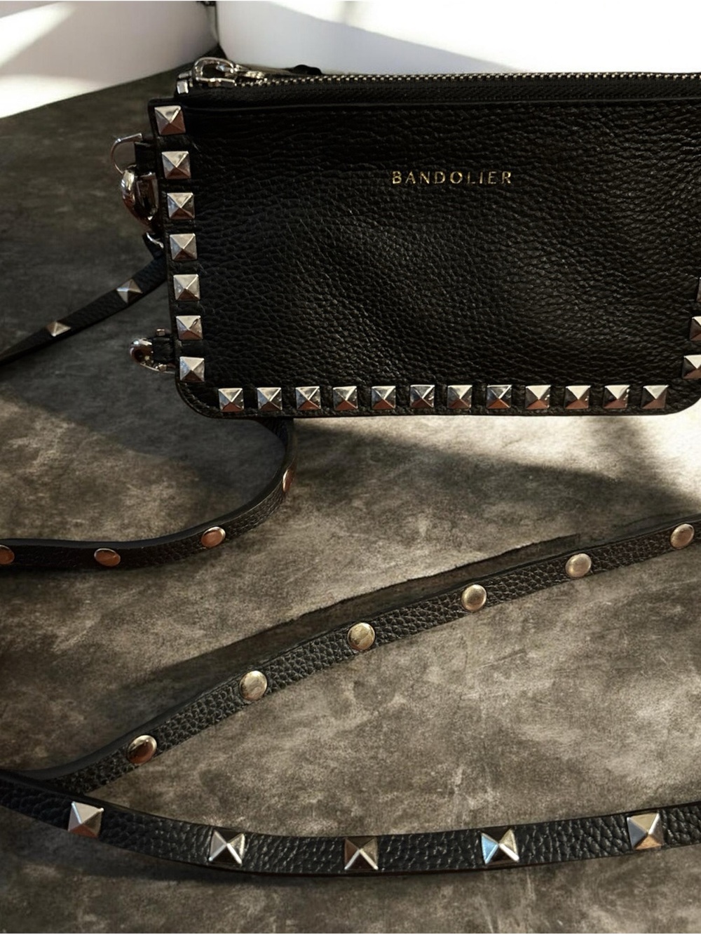 Bandolier Black Leather Studded Crossbody with Silver Accents and Studded Strap